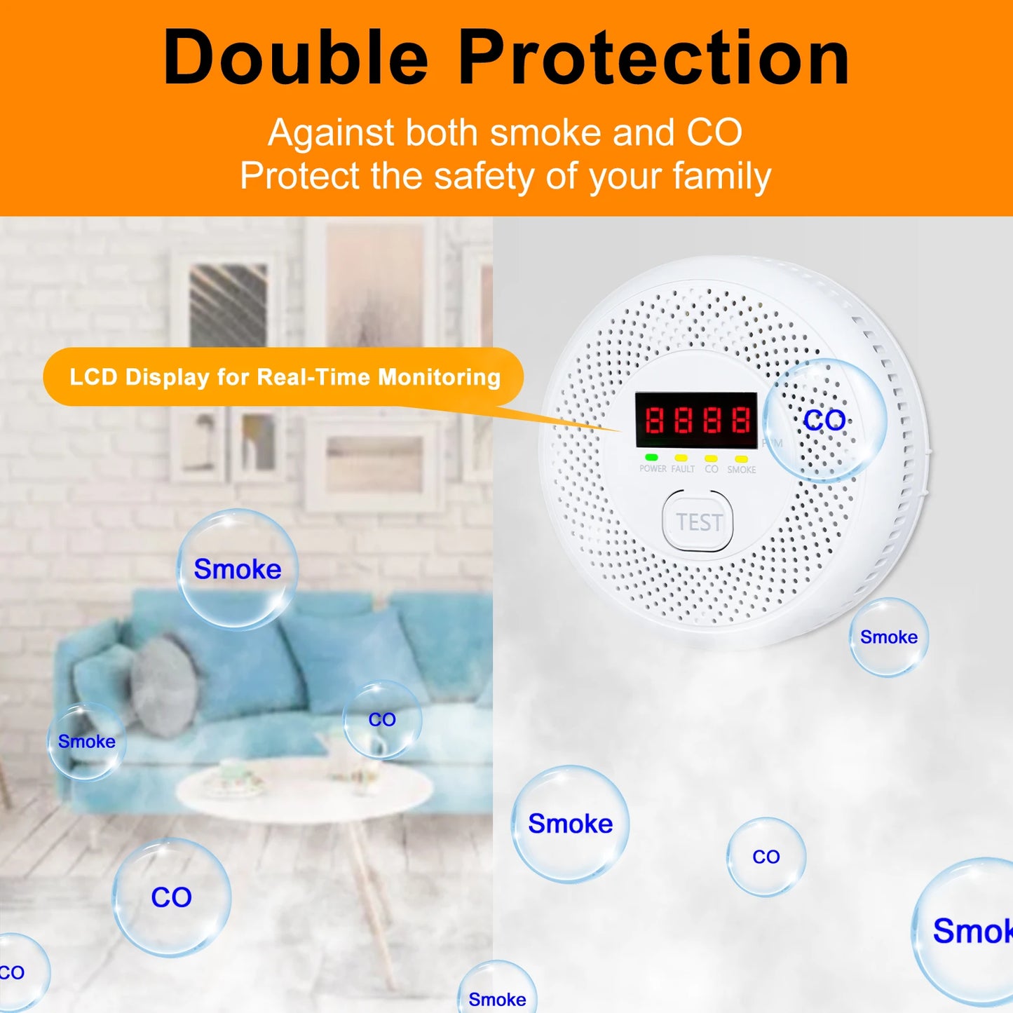 2 in 1 Smoke Carbon Monoxide Alarm Detector Dual Sensor with LCD Display Screen for Homes and Offices