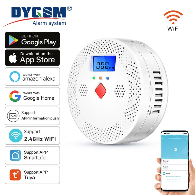 Tuya Wifi Smart Carbon Monoxide Detector Alarm, 85Db Sound Warning, LCD Digital Display, Indoor Real-Time CO Monitor for home, office and factory