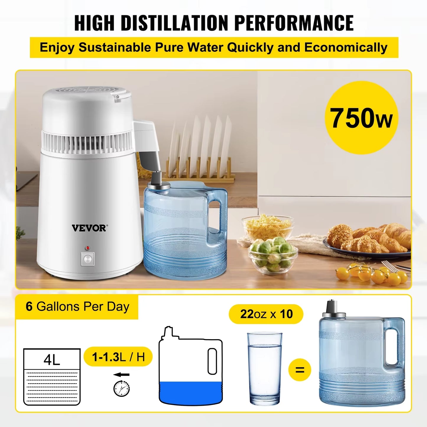4L Water Distiller Purifier Filter for Drinking Bottle Softener 304 Stainless Steel Home Appliance for Office Use