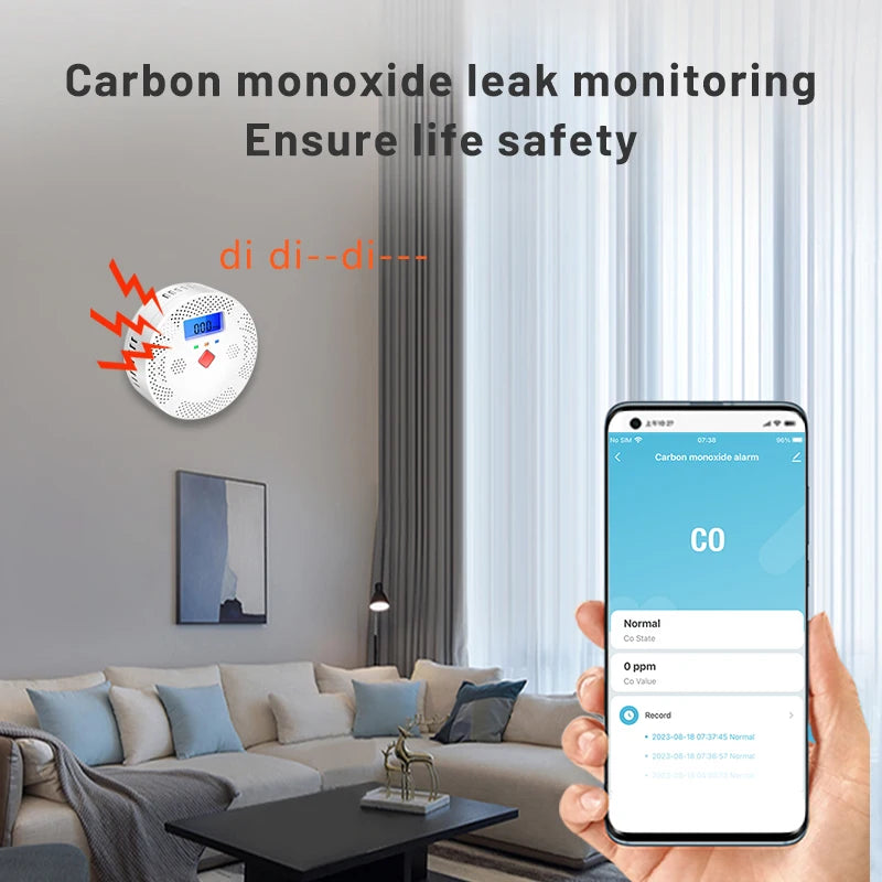 Tuya Wifi Smart Carbon Monoxide Detector Alarm, 85Db Sound Warning, LCD Digital Display, Indoor Real-Time CO Monitor for home, office and factory