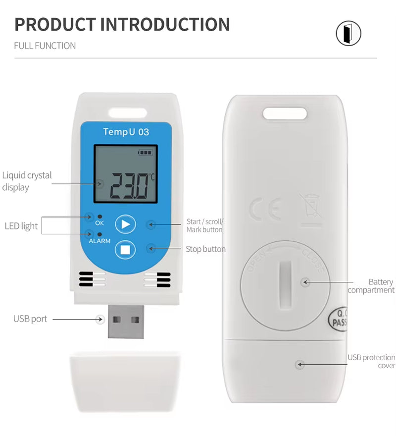 USB Temperature and Relative-Humidity Data Logger with large 32000 points recording capacity, PDF ALCOA+ compliant reports, adjustable start-time/date and logging-intervals, reusable 