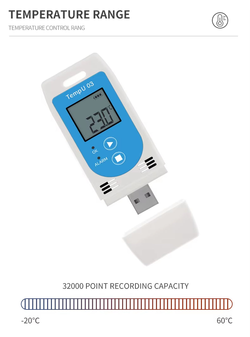 USB Temperature and Relative-Humidity Data Logger with large 32000 points recording capacity, PDF ALCOA+ compliant reports, adjustable start-time/date and logging-intervals, reusable 