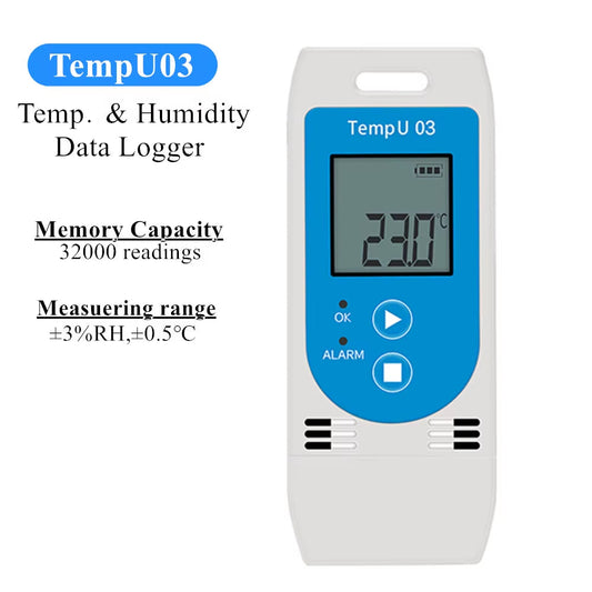 USB Temperature and Relative-Humidity Data Logger with large 32000 points recording capacity, PDF ALCOA+ compliant reports, adjustable start-time/date and logging-intervals, reusable 