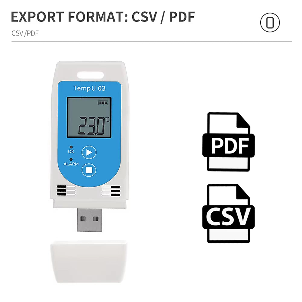 USB Temperature and Relative-Humidity Data Logger with large 32000 points recording capacity, PDF ALCOA+ compliant reports, adjustable start-time/date and logging-intervals, reusable 