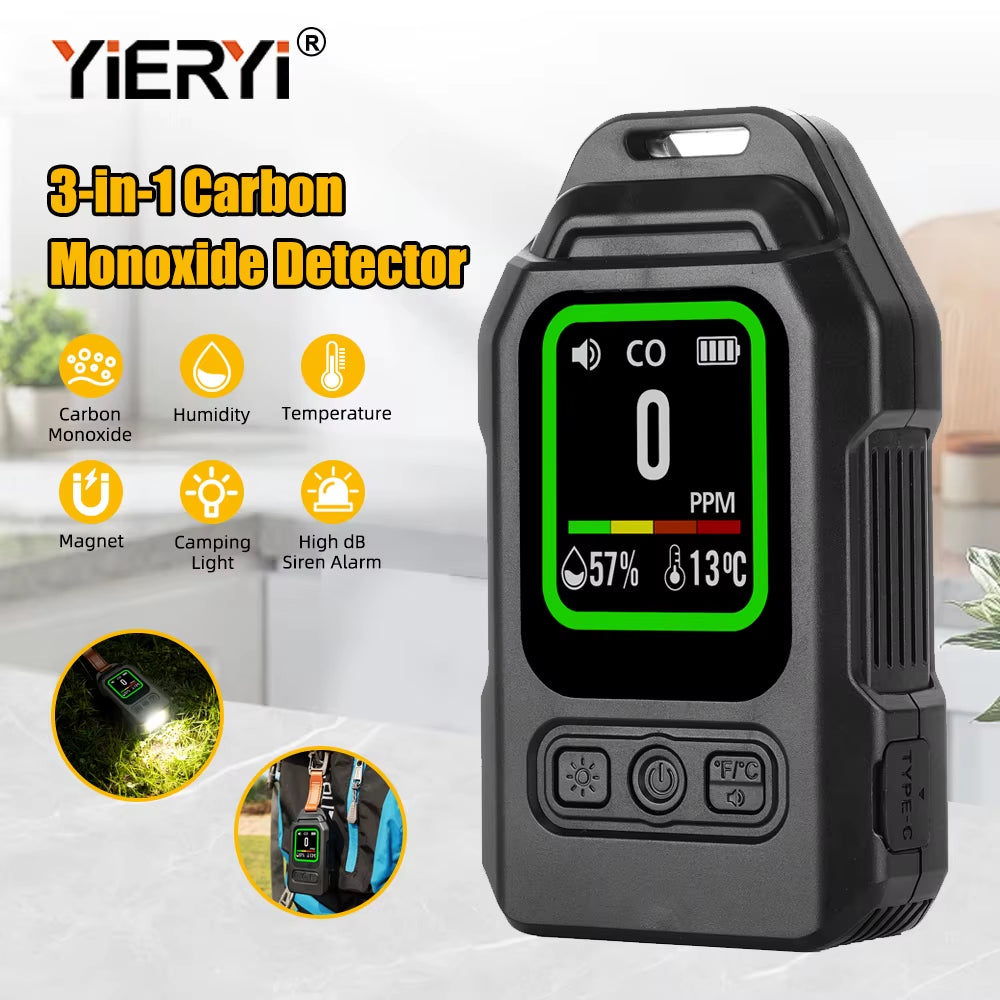 3 in 1 Carbon Monoxide CO, Temperature and Relative-Humidity Detector with LCD Display for Indoors (home, office, & factory) and Outdoors (car, RV, camping, & hiking)