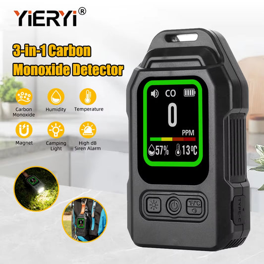 3 in 1 Carbon Monoxide CO, Temperature and Relative-Humidity Detector with LCD Display for Indoors (home, office, & factory) and Outdoors (car, RV, camping, & hiking)