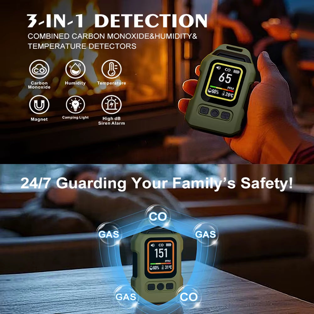 3 in 1 Carbon Monoxide CO, Temperature and Relative-Humidity Detector with LCD Display for Indoors (home, office, & factory) and Outdoors (car, RV, camping, & hiking)
